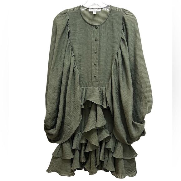 Shona Joy Charlotte Dress Draped Ruffle Balloon Sleeve in Khaki Size 4 - Picture 3 of 11